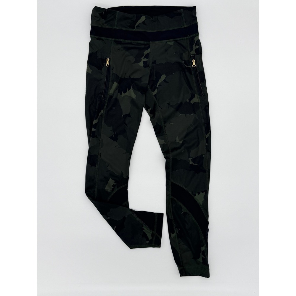 Lululemon Camo Mesh Panel Leggings Green Camouflage Gold Zip Pockets Size 4